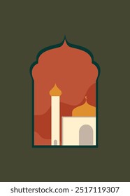 Collection of modern style ramadan mubarak or ramadan kareem greeting cards with retro boho aesthetic designs, crescent moon, mosque domes, vector design set
