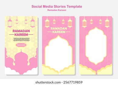 Collection of modern style Ramadan Mubarak stories social media template with image place holder with latern and mosque illustration in pink and yellow color