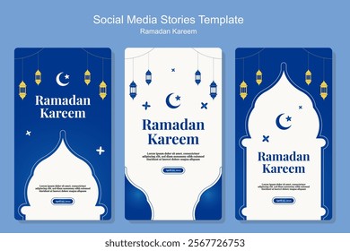 Collection of modern style Ramadan Mubarak stories social media template with image place holder with latern and mosque illustration