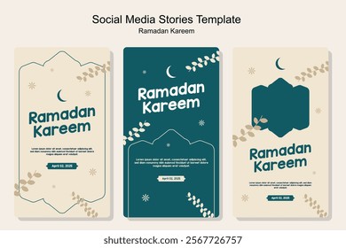 Collection of modern style Ramadan Mubarak stories social media template with image place holder with latern and mosque illustration