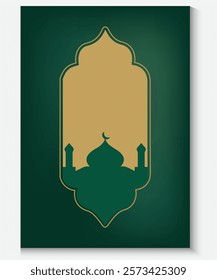 Collection of modern style Ramadan Mubarak or Eid Mubarak Islamic holiday green card poster designs. Greeting cards backgrounds with Windows mosque and arches.