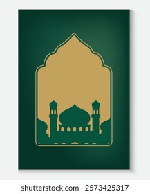 Collection of modern style Ramadan Mubarak or Eid Mubarak Islamic holiday green card poster designs. Greeting cards backgrounds with Windows mosque and arches.