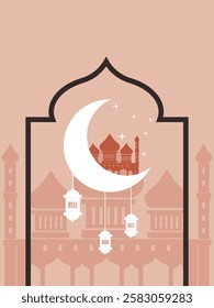 Collection of modern style Ramadan Mubarak colorful designs. Greeting cards, backgrounds. Windows and arches with moon, mosque dome and lanterns .Modern Vector illustration eps 10
