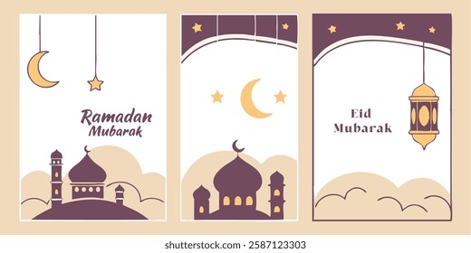 Collection of modern style Ramadan Mubarak colorful designs. Greeting cards, backgrounds. Windows and arches with moon, mosque dome and lanterns .Vector illustration