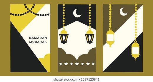 Collection of modern style Ramadan Mubarak colorful designs. Greeting cards, backgrounds. Windows and arches with moon, mosque dome and lanterns .Vector illustration