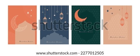 Collection of modern style Ramadan Mubarak and eid al fitr. Greeting cards with minimal boho design, moon, mosque dome and lanterns