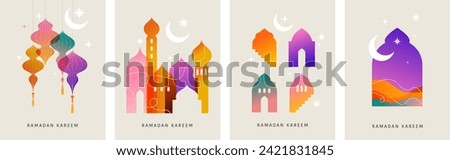 Collection of modern style Ramadan Mubarak colorful designs. Greeting cards, backgrounds. Windows and arches with moon, mosque dome and lanterns .Vector illustration
