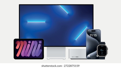 Uma coleção de dispositivos tecnológicos modernos, incluindo um tablet, smartphone, smartwatch, monitor de desktop e minicomputador. Esses itens são apresentados com designs vibrantes e elegantes e são ideais para o estilo de vida digital, negócios ou conteúdo relacionado à inovação