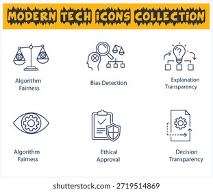 Collection of modern tech icons focused on algorithm ethics, fairness, and transparency concepts.