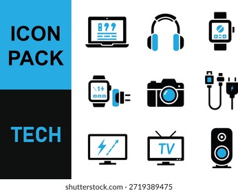 Colección de iconos tecnológicos modernos que incluyen dispositivos, accesorios y periféricos en un diseño limpio