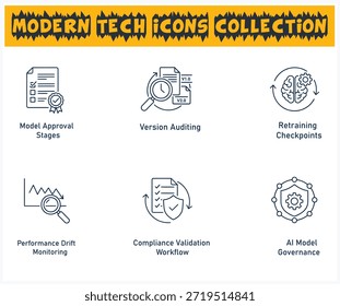 Una colección de iconos tecnológicos modernos que representan los procesos del modelo de IA y las etapas de gobernanza.