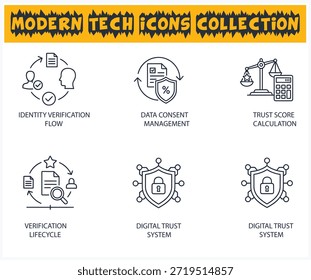 Una colección de iconos tecnológicos modernos que representan la seguridad de los datos, la confianza y los procesos de verificación.