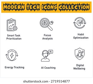 Colección de iconos tecnológicos modernos que representan conceptos de productividad, enfoque, bienestar e inteligencia artificial.