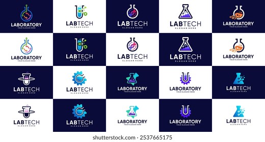 collection of modern technology concept laboratory logos, beakers, research, graphic design inspiration.