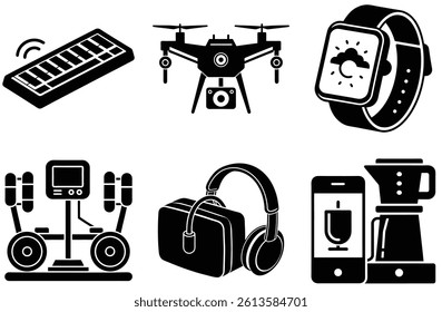 Collection of modern technology and gadget icons in a minimalist black and white style.