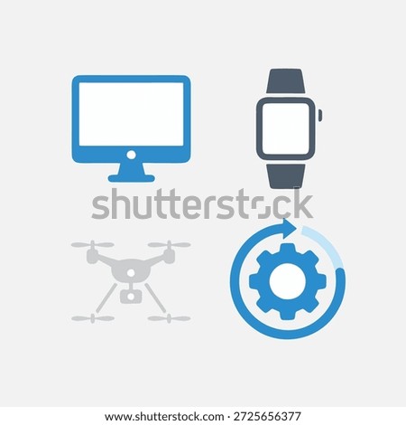 Collection of modern technology icons featuring digital devices and system updates, perfect for illustrating connectivity and innovation in a sleek design