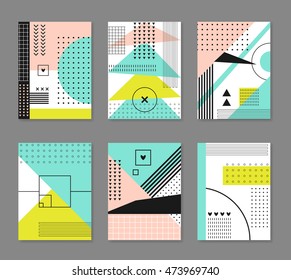Collection ?3 of modern templates with different geometric shapes and textures. Design for flyer, poster, card, invitation, brochure. Vector illustration. Pastel colors. Pink, blue, green.