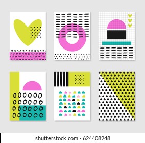 Collection of modern templates with different geometric shapes and textures. Design for poster, card, invitation, brochure. Vector illustration in bright colors: pink, blue, turquoise.