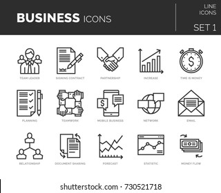 Colección de modernos iconos de línea delgada conjunto de elementos empresariales. Envase simple monolineal de pictogramas. Símbolos vectoriales para la web.