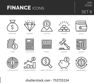 Collection of modern thin line icons set of finance elements. Simple mono linear pictogram pack. Vector symbols for web.