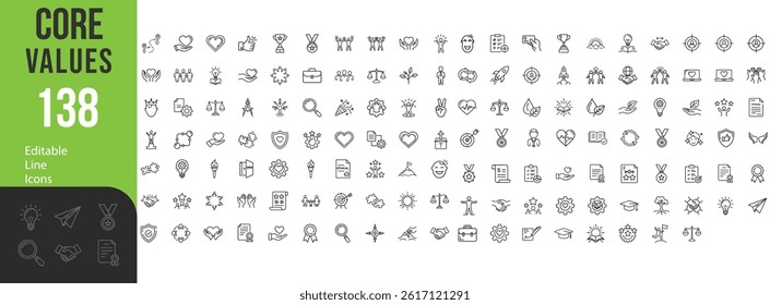 Collection Of Modern Thin Line Style Icons Set Of Core Values Beliefs Related Work, Community And More. Pictograms And Infographics For Mobile Apps Vector Illustration On Isolated White Background