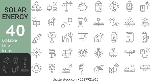 Collection Of Modern Thin Line Style Solar Energy Icons Set Related Sun Power Photovoltaic (PV), Home System, Renewable Electric Energy Technology Signs Vector Illustration On An Isolated Background