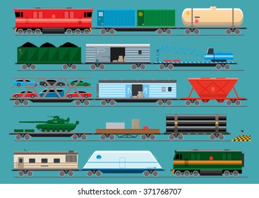 Collection of modern trains and various types of freight wagons for the transport of vehicles, fuel, goods and equipment. Vector illustration