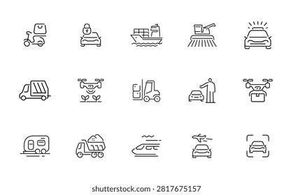 Collection of modern transportation and logistics icons representing various delivery and transport methods