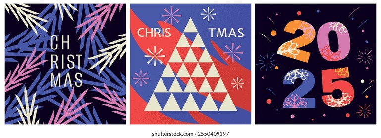 Collection of modern trend banners. Christmas and New Year of Snake. Mosaic. Neo geometric. Wrapping paper. Hand drawn. Doodle. Elements, shapes, frames. 2025. Flat. Xmas. Vintage set. Squares. Ball