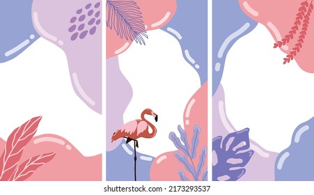 Collection of modern tropic templates for social media story posting, minimal trendy flat backgrounds, vertical banners with hand drawn doodle illustrations, floral creative artistic frames