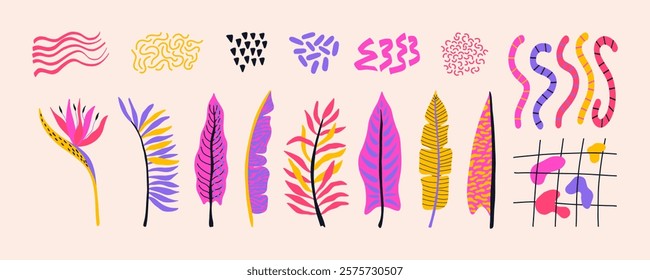 Collection of modern tropical leaves, flower and shapes. Animal patterns on Hawaiian ferns. Vector design for poster, scrapbooking, sticker. 