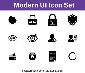 A collection of modern UI icons representing security, finance, and user interface elements for design projects