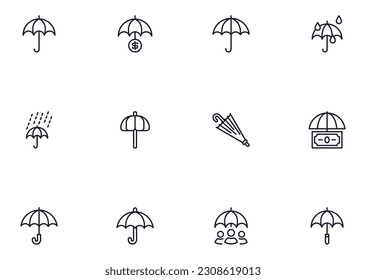 Collection of modern umbrella outline icons. Set of modern illustrations for mobile apps, web sites, flyers, banners etc isolated on white background. Premium quality signs.  