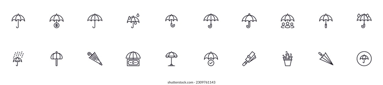 Collection of modern umbrella outline icons. Set of modern illustrations for mobile apps, web sites, flyers, banners etc isolated on white background. Premium quality signs.  