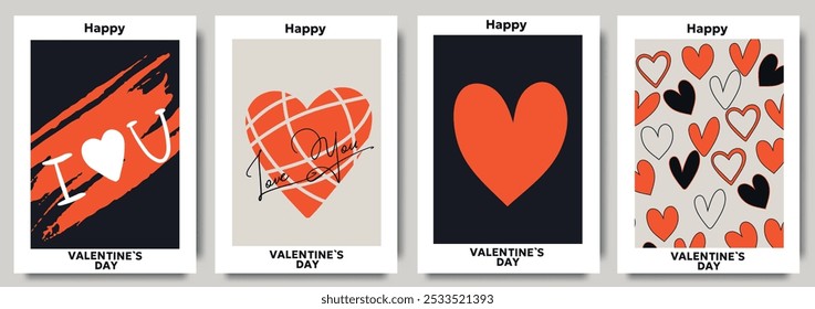 Collection of modern Valentine's Day cards. Minimalistic design with  hearts, doodles, line arts and modern typography.Template for ads, branding, banner, cover, label, poster print