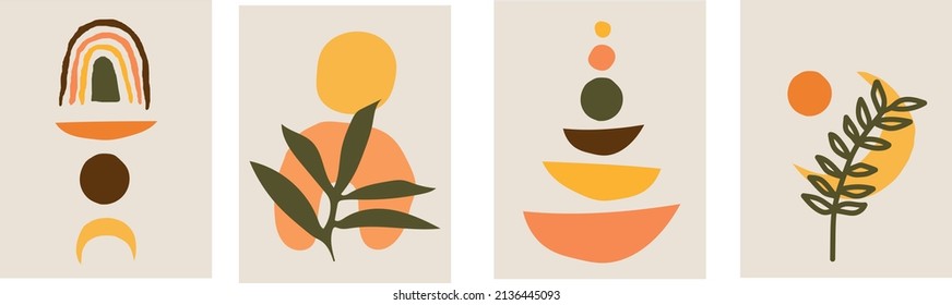 Collection of modern vector abstractions with geometric shapes and plants in bohemia style