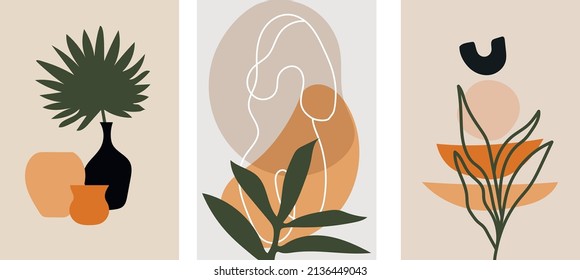 Collection of modern vector abstractions with geometric shapes and plants and a vase with a palm tree on a colored background