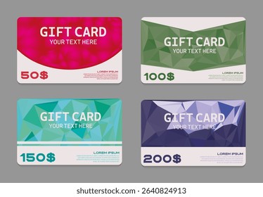 Collection of modern vector gift cards with abstract polygonal shapes in red green blue and purple tones. Editable templates for discounts rewards or business promotions