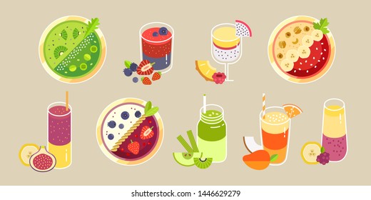 Collection modern vector illustrations of smoothies, juices, fresh, smoothy bowls and healthy cocktails. Useful organic food for vegan and vegetarian. Isolated, flat design, minimal trendy style. 