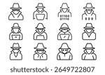 Collection of modern vector line art illustrations depicting a hacker character concept