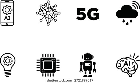 A collection of modern vector silhouettes for tech and innovation, including AI, 5G, and robotics concepts in a sleek design.