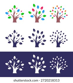 Colección de logotipos modernos de árboles de Vector con hojas coloridas, azul oscuro sólido y siluetas blancas. Ideal para proyectos de branding, educación y relacionados con la naturaleza.