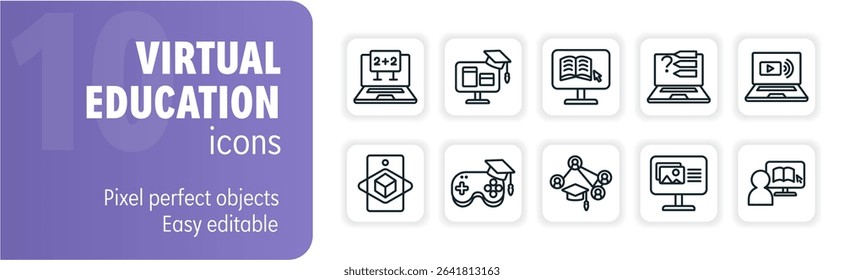 Collection of modern virtual education icons representing various aspects of online learning and digital knowledge acquisition