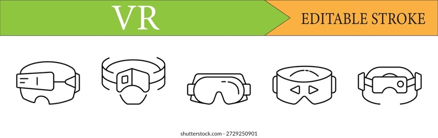 Uma coleção de ícones modernos de linha de headset de realidade virtual para tecnologia, jogos e projetos de entretenimento digital.