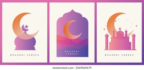 Collection of modern-style Ramadan Mubarak colorful designs. Greeting cards, backgrounds with windows, arches, moon, mosque dome, and lanterns.