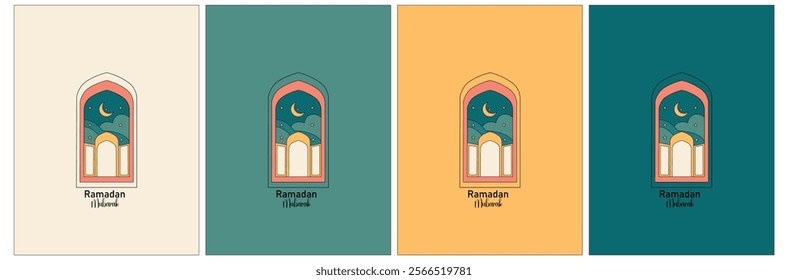 Collection of modern-style Ramadan Mubarak greeting cards with retro Boho design.