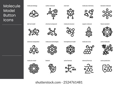 Coleção de modelos moleculares de ícones de botões. Ícones de coleção em design de linha para projetos científicos, químicos, físicos, médicos, de saúde e educacionais. Ícone de estilo de estrutura de tópicos