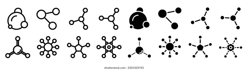 Collection of molecule outline icons. structure of the substance. Business Network icon. Atom connection concept. chemistry formula and molecule icons.