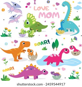 Collection of mommy dinosaur and cute baby dinosaur vector 