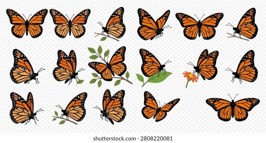 A collection of monarch butterflies in various poses, some flying, some perched on branches, and some interacting with flowers, all with transparent backgrounds.